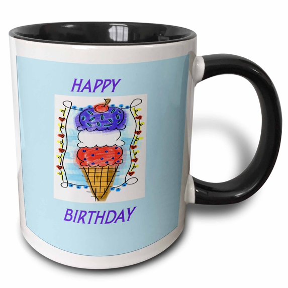 3drose, Happy Ice Cream Birthday, 15oz Two-tone Black Mug