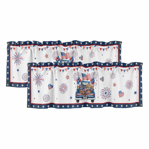 Happy Independence Day 2 Panels Kitchen Valance, Blue Cartoon Truck Wooden Box Firework Curtains Valances for Small Windows Rod Pocket Window Treatments for Living Room Bedroom 42" W x 12" L