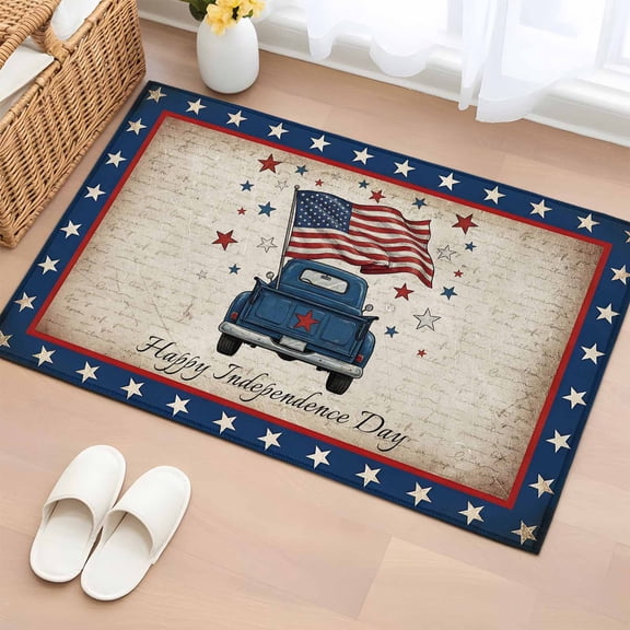 Happy Independence Day 2'x3' Rug for Entryway Front Door Kitchen Sink Area, Blue Cartoon Truck U. S, Flag Retro Low Pile Washable Non Slip Rectangle Area Rug