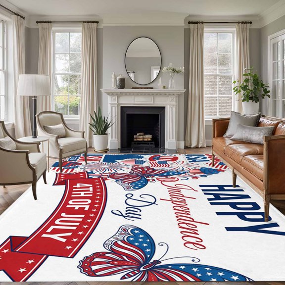 Happy Independence Day 5'x8' Rug for Bedroom Under Queen Bed Placement, 4TH OF JULY Watercolor U. S, Flag Butterflies Washable Non Slip Large Rectangle Area Rug
