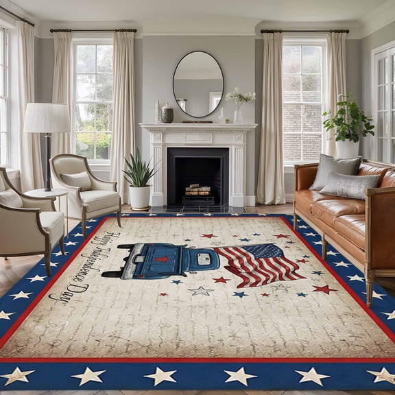 Happy Independence Day 8'x10' Large Area Rug for Living Room Sectional Sofa, Blue Cartoon Truck U. S, Flag Retro Washable Non Slip Low Pile Rectangle Area Rug