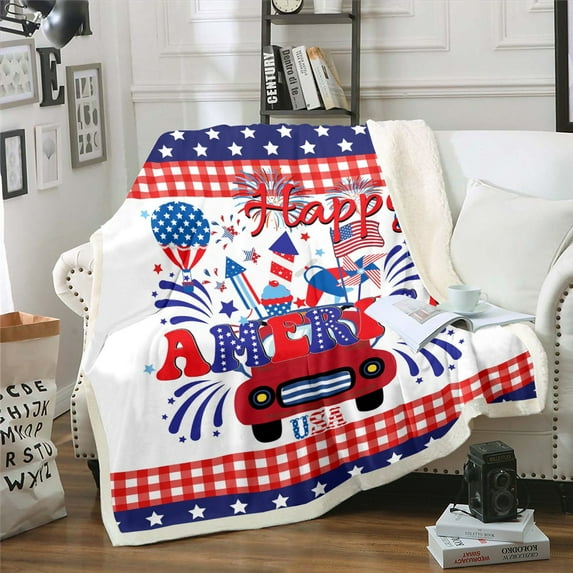 Happy Independence Day Fuzzy Blanket 4th of July Throw Blanket, USA Patriotic Celebration Firework Car Fleece Blanket Vintage Red Blue Geometry Stars Stripes Sherpa Blanket 40"X50"