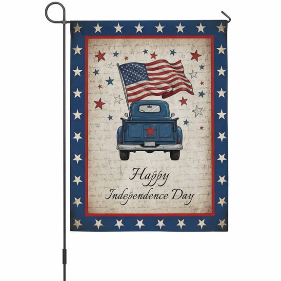 Happy Independence Day Garden Flag 12 x 18 Inches, Blue Cartoon Truck U. S, Flag Retro Weather Proof Outdoor Patio Flags Double Sided Small Garden Decoration for Yard Outside Home