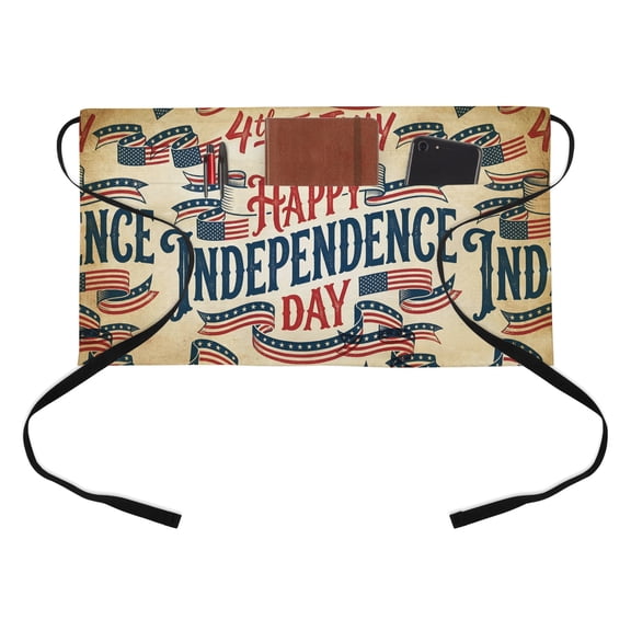 Happy Independence Day Kitchen Restaurant Half Waist Apron, 4th of July Ribbon American Flag Server Short Apron with 3 Pockets Waterproof Oil Waist Aprons for Women Waitress Waiter