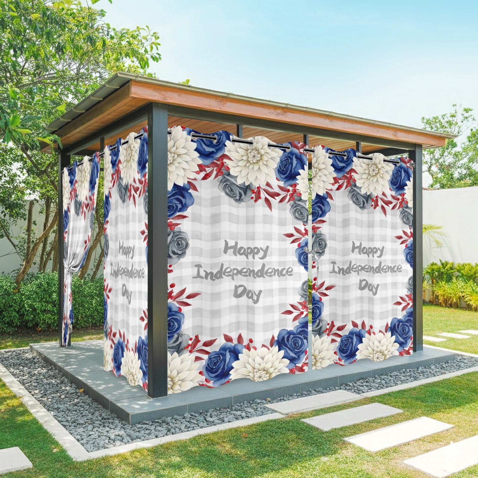 Happy Independence Day Outdoor Curtains for Patio, Red Blue Rose Dahlia Floral Plaid Sunshade Privacy Drapes Grommet Waterproof Outside Curtains for Porch/Cabana/Balcony 54"x 84", 1 Panel