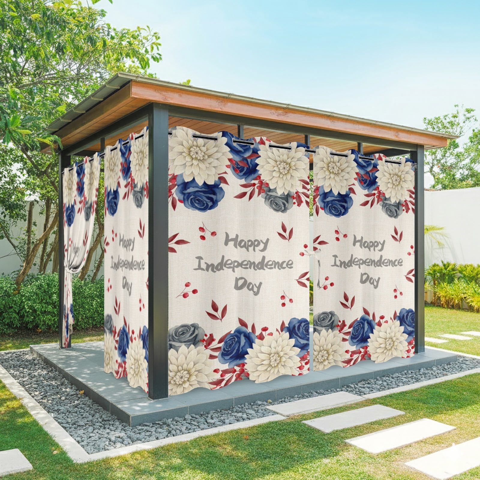 Happy Independence Day Outdoor Curtains for Patio, Red Blue Rose Dahlia Floral Rustic Sunshade Privacy Drapes Grommet Waterproof Outside Curtains for Porch/Cabana/Balcony 54"x 108", 1 Panel