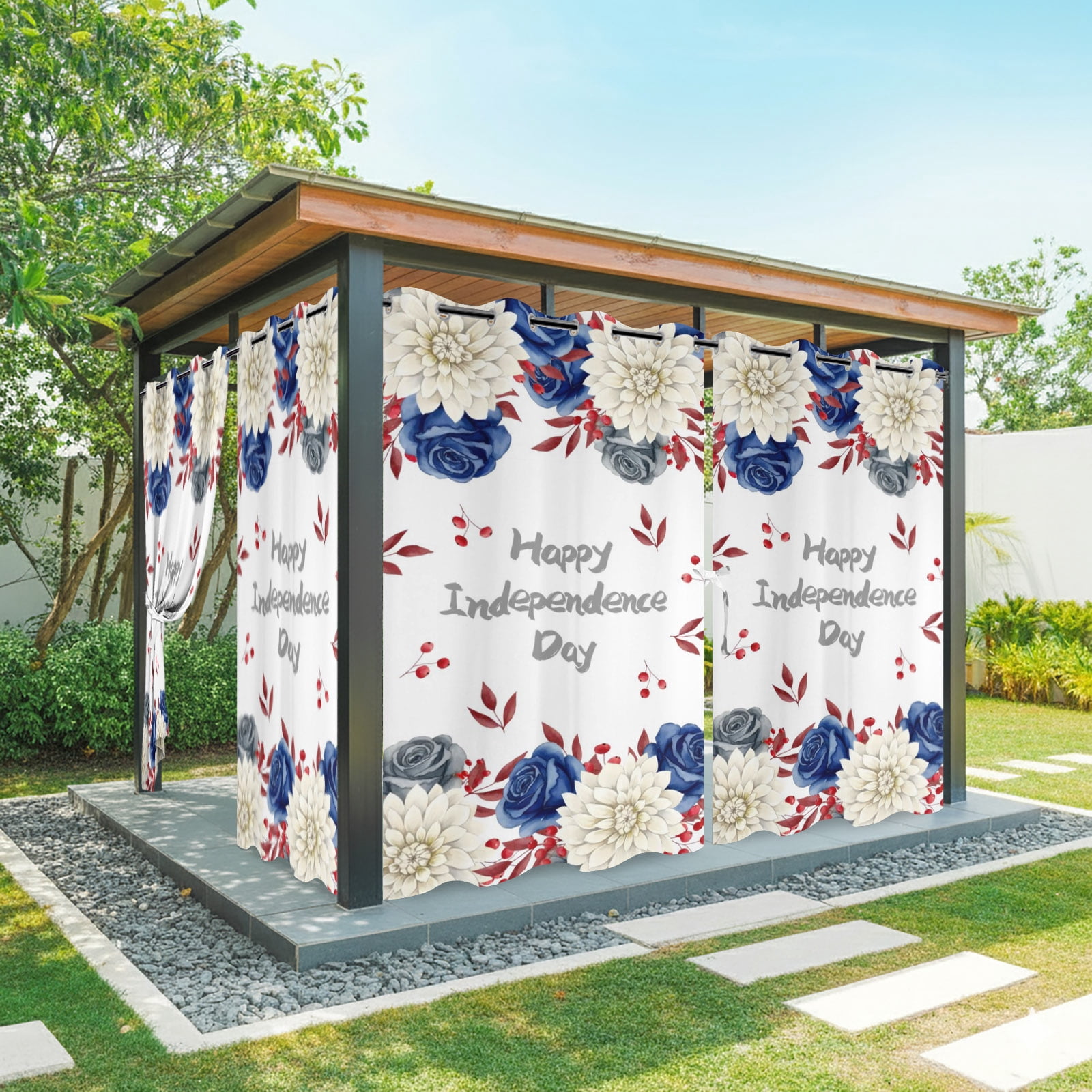 Happy Independence Day Outdoor Curtains for Patio, Red Blue Rose Dahlia Floral Sunshade Privacy Drapes Grommet Waterproof Outside Curtains for Porch/Cabana/Balcony 54"x 84", 2 Panel