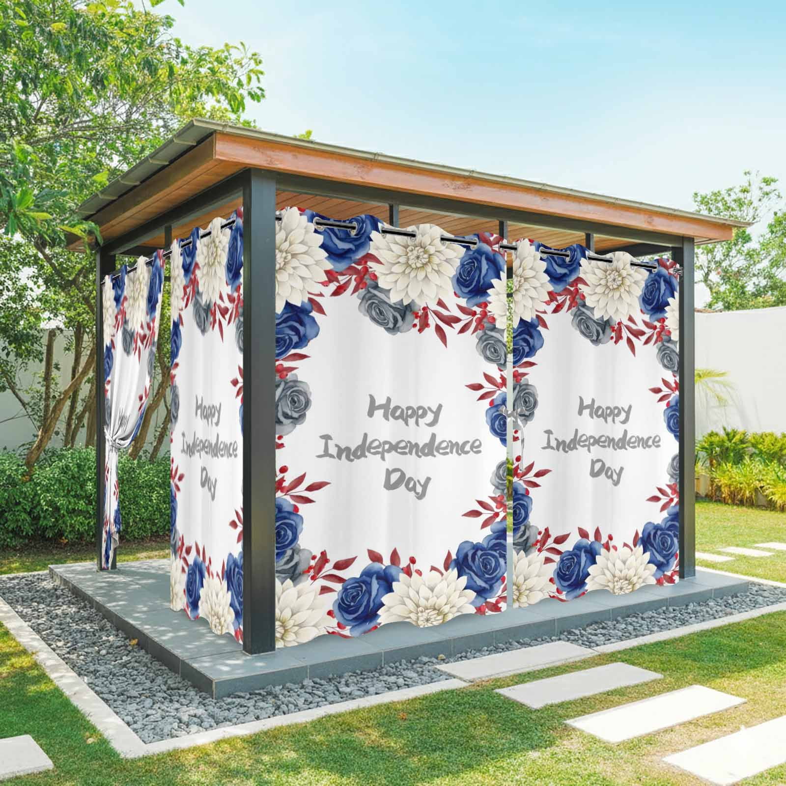 Happy Independence Day Outdoor Curtains for Patio, Red Blue Rose Dahlia Flower Sunshade Privacy Drapes Grommet Waterproof Outside Curtains for Porch/Cabana/Balcony 54"x 108", 1 Panel
