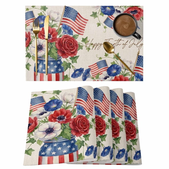 Happy Independence Day Placemats Set of 1, U. S. Flag Flowers White Five-Pointed Stars Non-Slip Place Mats Washable Table Mats for Kitchen Dining Table Decorations Indoor/Outdoor