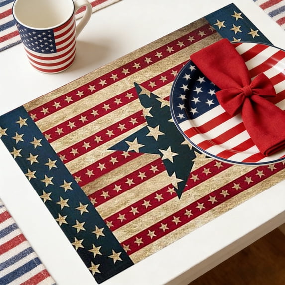 Happy Independence Day Placemats U. S. Flag Themed Metal Five-Pointed Star Retro Heat Insulation Non-Slip Place Mats Washable Table Mats for Dining Room Party Kitchen Decor