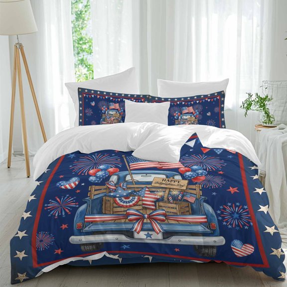 Happy Independence Day Queen Size Comforter Set, Blue Cartoon Truck Wooden Box Cute Firework Bedding for All Seasons, 4 Pcs Bed Set, 1Quiltcover (90"x92") ,1Sheet(94"x116"), 2Pillowcases (30"x20")