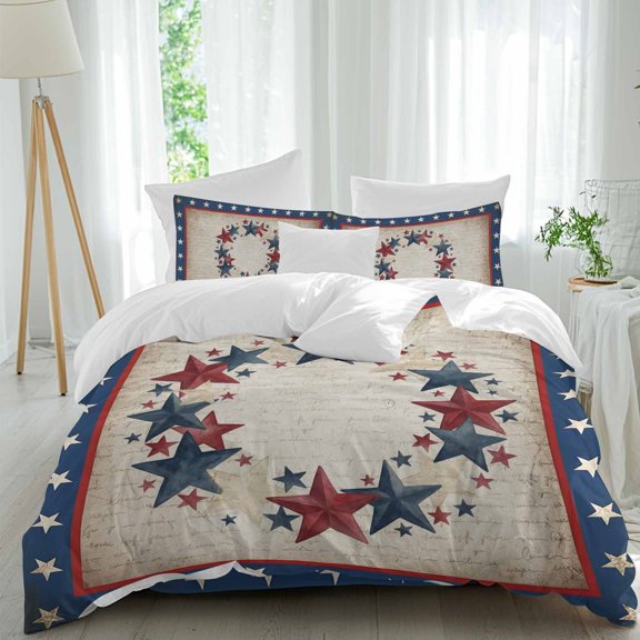Happy Independence Day Queen Size Comforter Set, U. S. Flag Themed Metal Five-Pointed Star Bedding for All Seasons, 4 Pcs Bed Set, 1Quiltcover (90"x92") ,1Sheet(94"x116"), 2Pillowcases (30"x20")