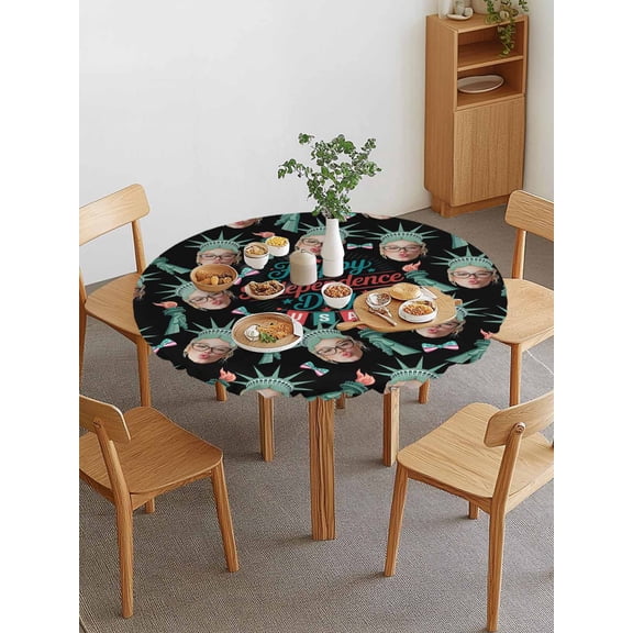 Happy Independence Day Round Fitted Tablecloth with Elastic Edge, Green Crown The Goddess Of Liberty Black Waterproof Stretch Table Covers for 55"-60" Tables Wipeable Table Cloth for Outdoor