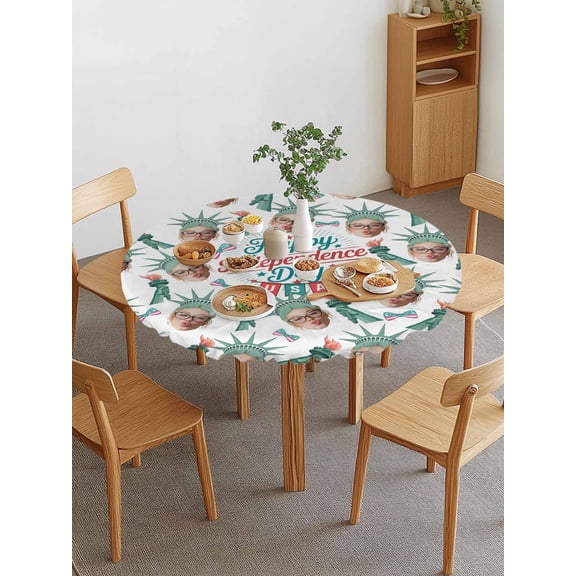 Happy Independence Day Round Fitted Tablecloth with Elastic Edge, Green Crown The Goddess Of Liberty USA Waterproof Stretch Table Covers for 55"-60" Tables Wipeable Table Cloth for Outdoor