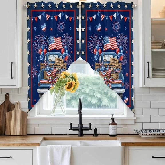 Happy Independence Day Swag Curtain Valance for Windows, Blue Cartoon Truck Wooden Box Cute Firework Window Treatments Short Swag Topper for Kitchen Windows Bathroom Bedroom, 28"x36"