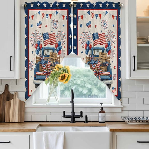 Happy Independence Day Swag Curtain Valance for Windows, Blue Cartoon Truck Wooden Box Firework Retro Window Treatments Short Swag Topper for Kitchen Windows Bathroom Bedroom, 28"x36"