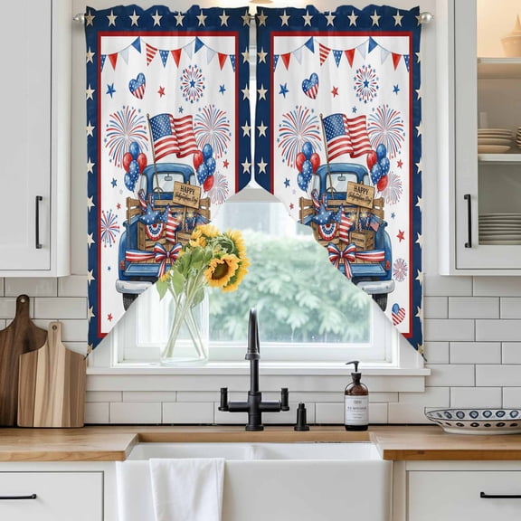 Happy Independence Day Swag Curtain Valance for Windows, Blue Cartoon Truck Wooden Box Firework Window Treatments Short Swag Topper for Kitchen Windows Bathroom Bedroom, 28"x36"