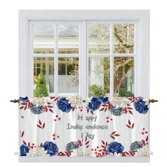Happy Independence Day Tier Curtains 24 Inch Length, 4th of July Rustic Floral Leaves Berries Cafe Curtains for Bathroom Over Sink, Small Kitchen Curtain Light Filtering Drapes 2 Panels 27.5"Wx24"L