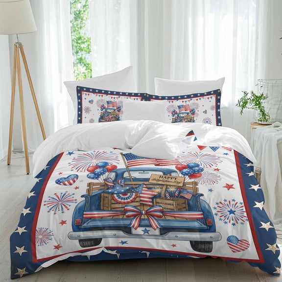 Happy Independence Day Twin Size Comforter Set, Blue Cartoon Truck Wooden Box Firework Bedding for All Seasons, 4 Pcs Bed Set, 1 Quiltcover (68"x86") ,1Sheet(67"x116"), 2Pillowcases (30"x20")