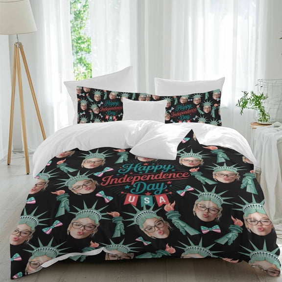 Happy Independence Day Twin Size Comforter Set, Green Crown The Goddess Of Liberty Black Bedding for All Seasons, 4 Pcs Bed Set, 1 Quiltcover (68"x86") ,1Sheet(67"x116"), 2Pillowcases (30"x20")