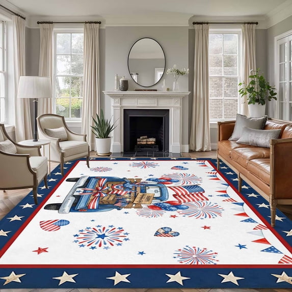 Happy Independence Day Washable Area Rug 5 x 8 ft Blue Cartoon Truck Wooden Box Firework, Soft Non Slip Rugs Stain Repellent Indoor Felt Carpet for Living Dining Room Bedroom Home Office