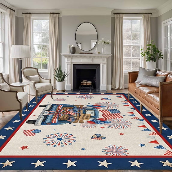 Happy Independence Day Washable Area Rug 8 x 10 ft Blue Cartoon Truck Wooden Box Firework Retro, Soft Non Slip Rugs Stain Repellent Indoor Felt Carpet for Living Dining Room Bedroom Home Office