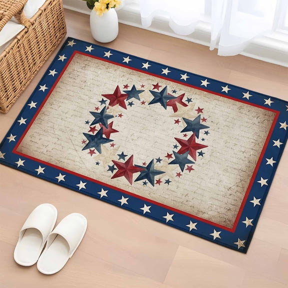 Happy Independence Day Washable Small Entryway Area Rugs 2'x3', U. S. Flag Themed Metal Five-Pointed Star Retro Low Pile Throw Rug Non-Slip Sturdy Edge Binding Carpet for Front Door Floor Room Entry