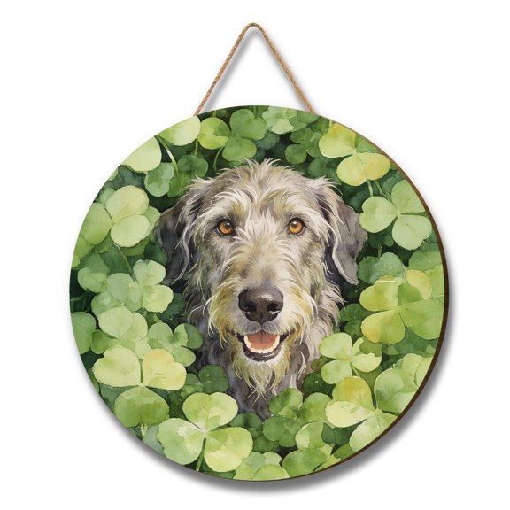 Happy Irish Wolfhound Welcome St Patrick's Day Lucky Shamrocks Clover Round Wood Sign Dog Lover Hanging Wall Home Decor - 22001