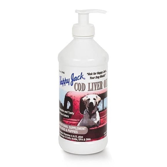 Happy Jack Cod Liver Oil Supplement for Dogs, 16 oz, Omega 3 Fish Oil with EPA & DHA, Vitamins A & D for Skin, Coat, Joints, Brain, Eyes, Heart & Immune Support