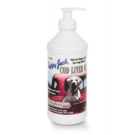 Happy Jack Cod Liver Fish Oil for Dogs Skin and Coat Supplement, Brain, Eyes, Bones, Hip, Joint, Heart & Immune System Health, Energy Booster (16 oz), Omega 3 with EPA & DHA, Vitamin A & D