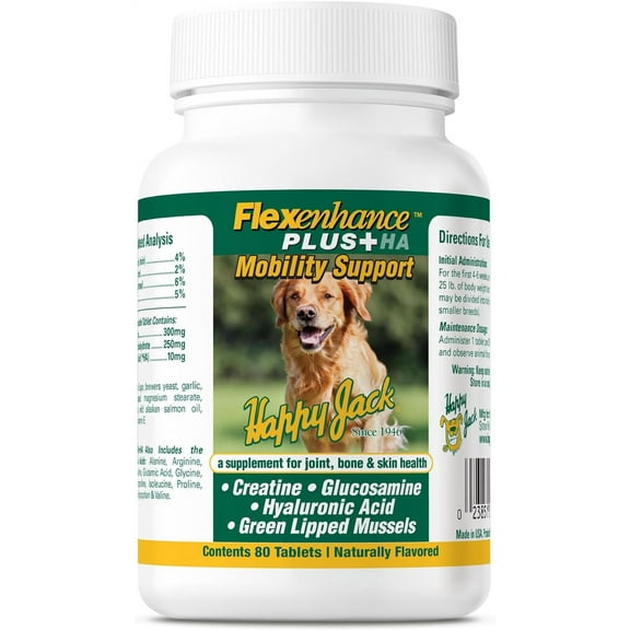 Happy Jack Flexenhance Plus + HA Dog Hip and Joint Supplement with Skin & Coat Support (80 Chewable Tabs), Improve Flexibility & Mobility, Glucosamine, Green Lipped Mussel, Fish Oil