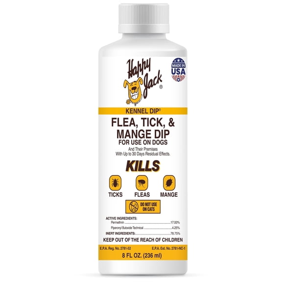 Happy Jack Kennel Dip II Flea, Tick, and Mange Treatment for Dogs, Concentrate, 8 oz Bottle