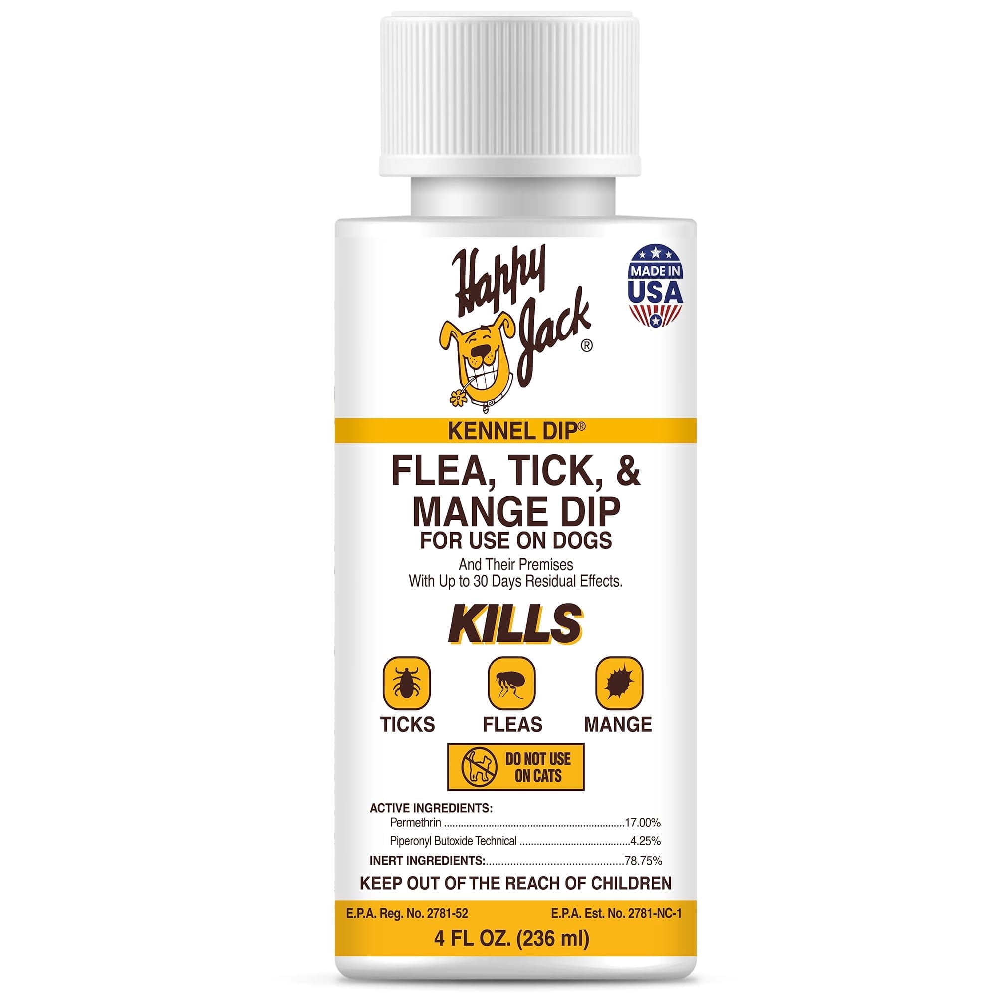 Happy Jack Kennel Dip Dog Flea & Tick Treatment, 4 oz Concentrate, Dip Spray or Sponge-On Formula for Dogs 12 Weeks and