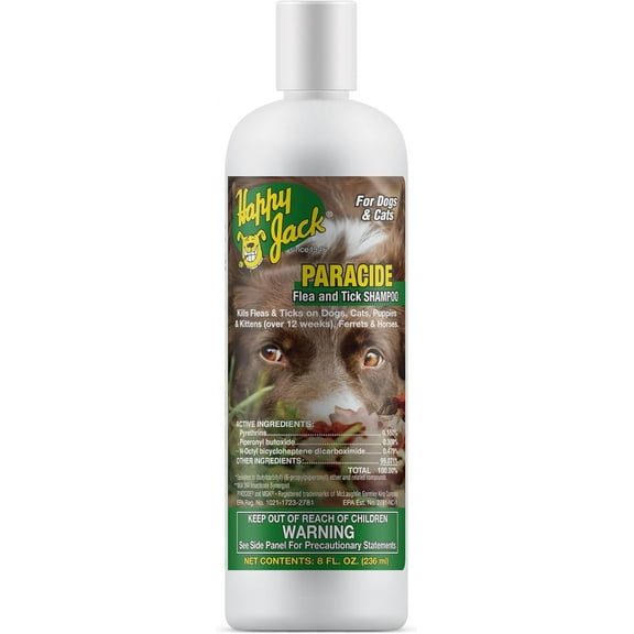 Happy Jack Paracide Flea and Tick Shampoo for Dogs, Cats, Ferrets and Horses, 8 oz