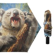 Happy Kaola Lying on Tree Oil Painting All Weather Umbrella Triple Folding Parasol 6 Ribs UV Protection Portable
