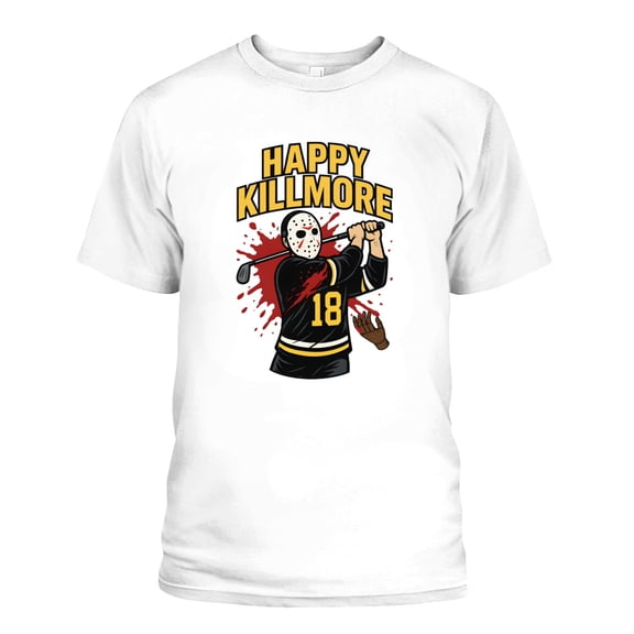 Happy Killmore Parody Golf Graphic T-Shirt – Funny Horror-Inspired Sports Tee (White)
