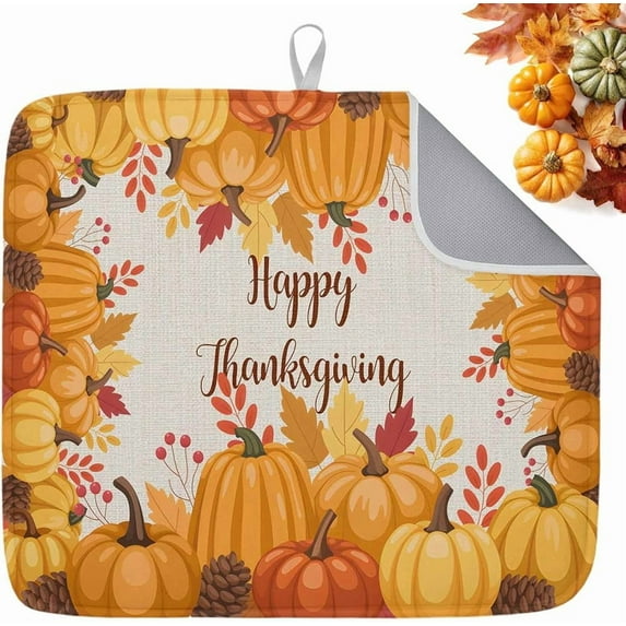 Happy for Kitchen Counter Fall Pumpkin Vintage Linen Farmhouse Super Absorbent Microfiber Coffee Bar Mat Reusable Washable Dish Drainer Rack Mat, 1 Pack, Orange (Pack of 1)