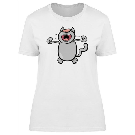 Happy Kitten Yawn Cartoon T-Shirt Women -Image by Shutterstock, Female Large