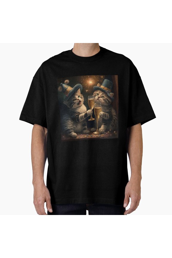 Happy Kitty New Years Cute Festive Celebration Cat Illustration Unisex T-Shirt , up to Size 5XL