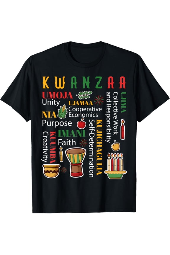 Happy Kwanzaa Drum Kinara Seven Candles Africa Celebration T-ShirtMen and women, Black T-shirt, size: Extra large