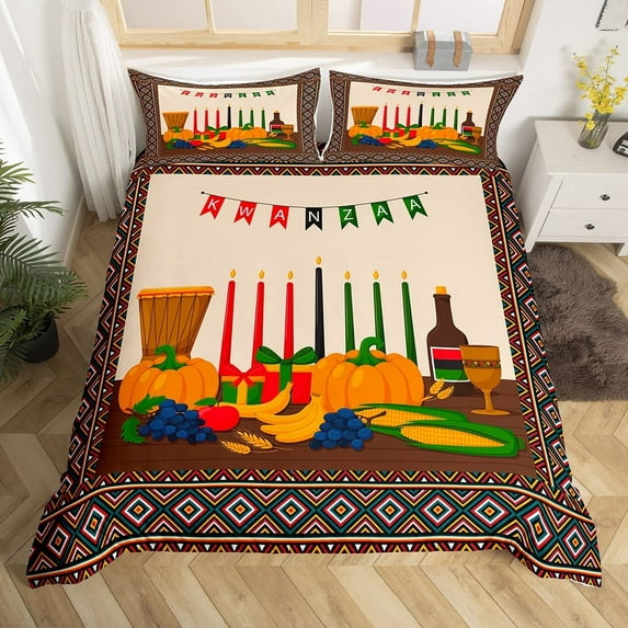 Happy Kwanzaa Duvet Cover Fall Harvest Theme Candles Pumpkin Comforter Cover African Heritage Holiday Bedding Set Twin King Size