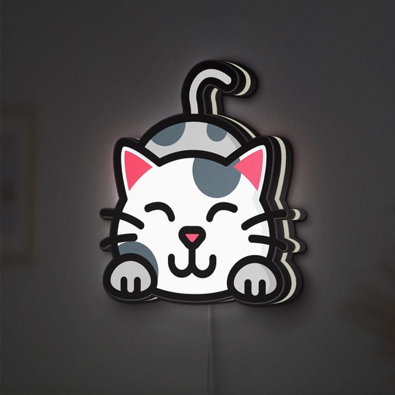 Happy LED Lightbox - Cute Khao Manee Cat Pet Decor, Custom Led Sign for Home Office Shop Decor (Width 16 inch, 40cm)