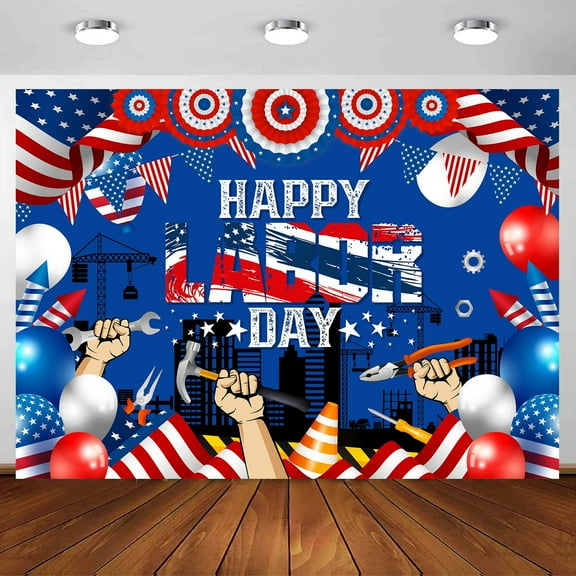 Happy Labor Day Backdrop , 7 x 5 ft Worker USA Remember and Honor American Flag Patriotic Photography Background Labor Day Party Banner Clelbration Decoration Polyester