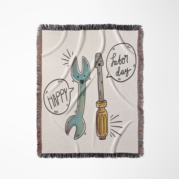 Happy Labor Day Drawing Of Cute Tools With Faces, Woven Blanket