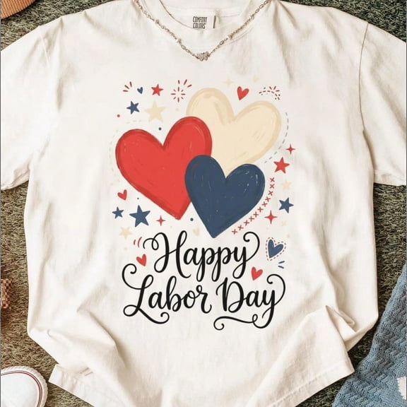 Happy Labor Day T-Shirt, Patriotic Hearts American Colors Tee, Summer Holiday Celebration Graphic Ap