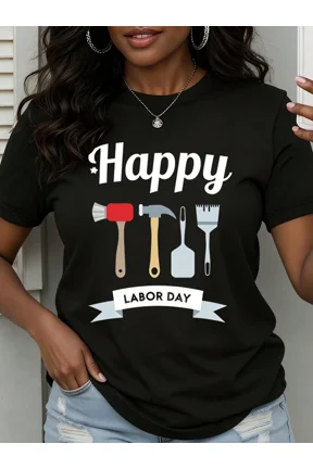 Happy Labor Day Tools Graphic T Shirt Women Casual Short Sleeve Top For Work Celebration And Holiday Wear