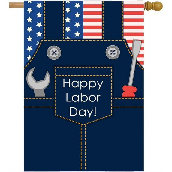 Happy Labor Day Worker Overalls with Tools American Flag Patriotic USA House Flag 28" x 40" Double Sided Polyester Welcome Large Yard Garden Flag for Patio Lawn Home Outdoor Decor