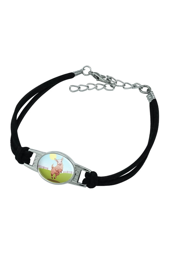 Happy Lamb on Field Novelty Suede Leather Metal Bracelet