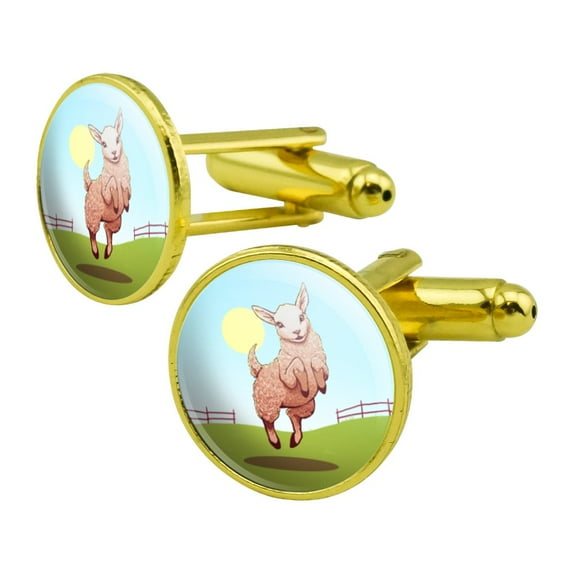 Happy Lamb on Field Round Cufflink Set Gold Color