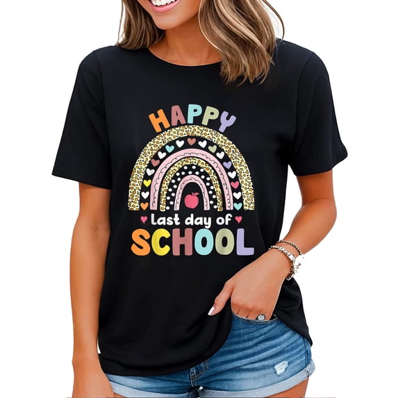 Happy Last Day of School Rainbow Leopard Shirt for Women Teacher Student T-Shirt Black 2X-Large